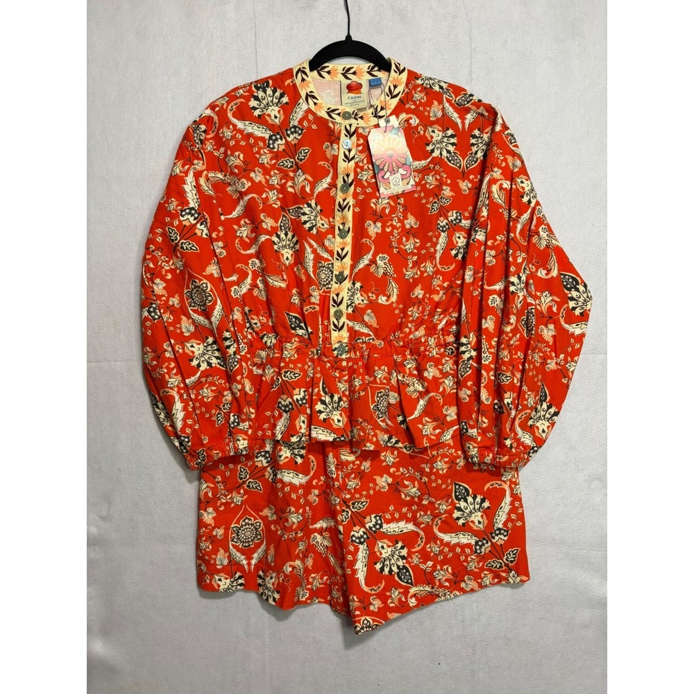 Farm Rio Anthropologie Long Sleeve  Romper Red Orange Floral Cotton $228 NWT - Picture 4 of 14